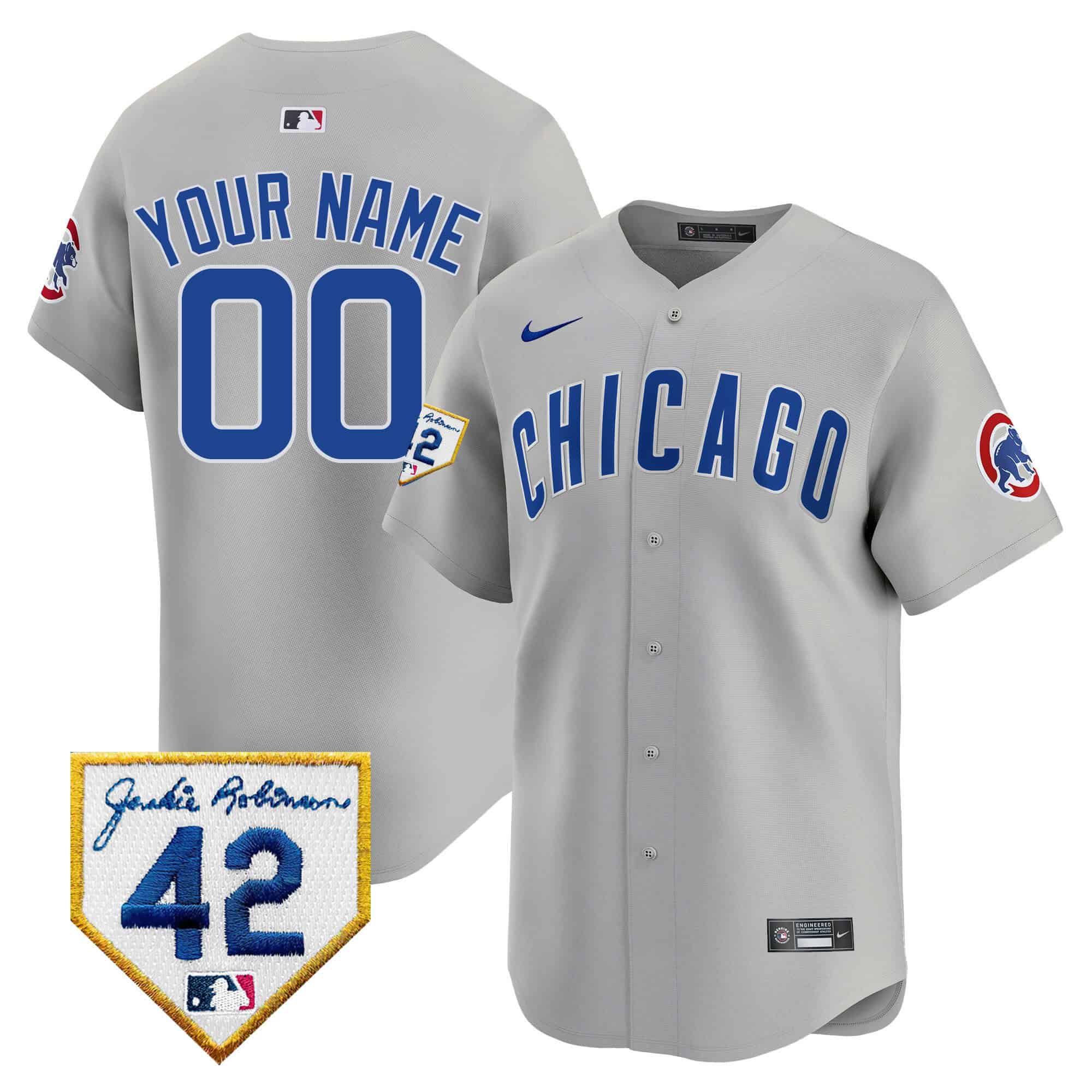 Men Chicago Cubs Grey Nike 2024 Jackie Robinson Patch Vapor Premier Limited Custom MLB Jersey